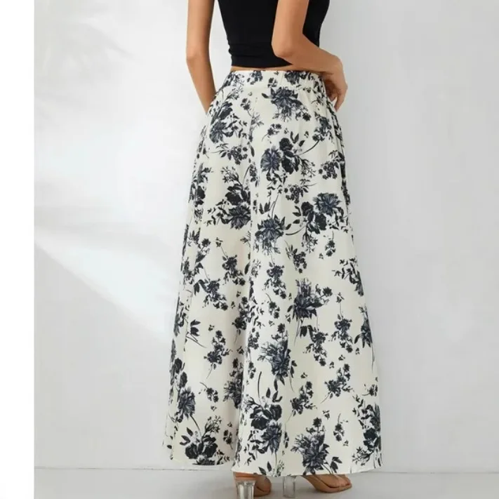 Cute Frocks For Womens Faldas Largas Autumn Winter Fashion Versatile Floral Print Skirt Women's Pocket Elastic Waist Long Skirt
