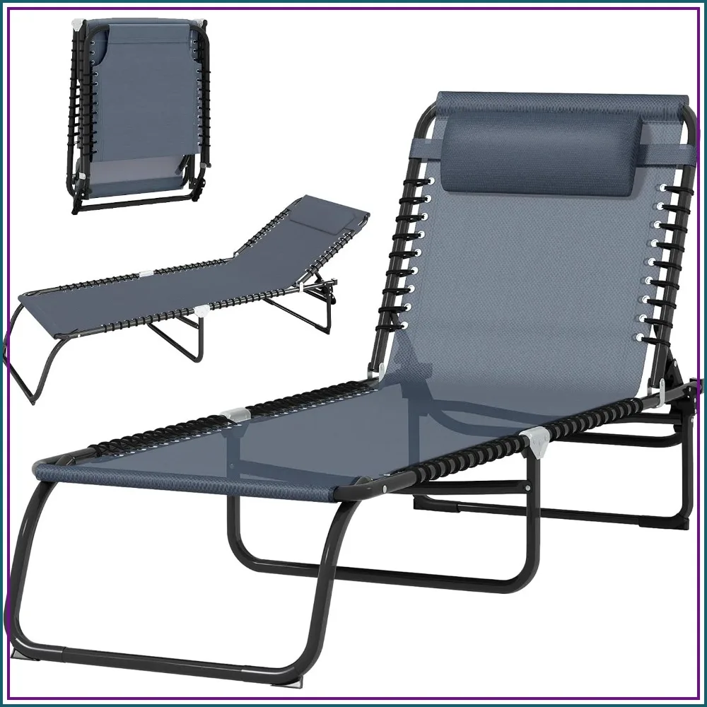 Folding Chaise Lounge Chair, 4-Position Reclining, Mesh Seat, Outdoor Sun Tanning, Patio, Beach, Poolside, Yard, Gray