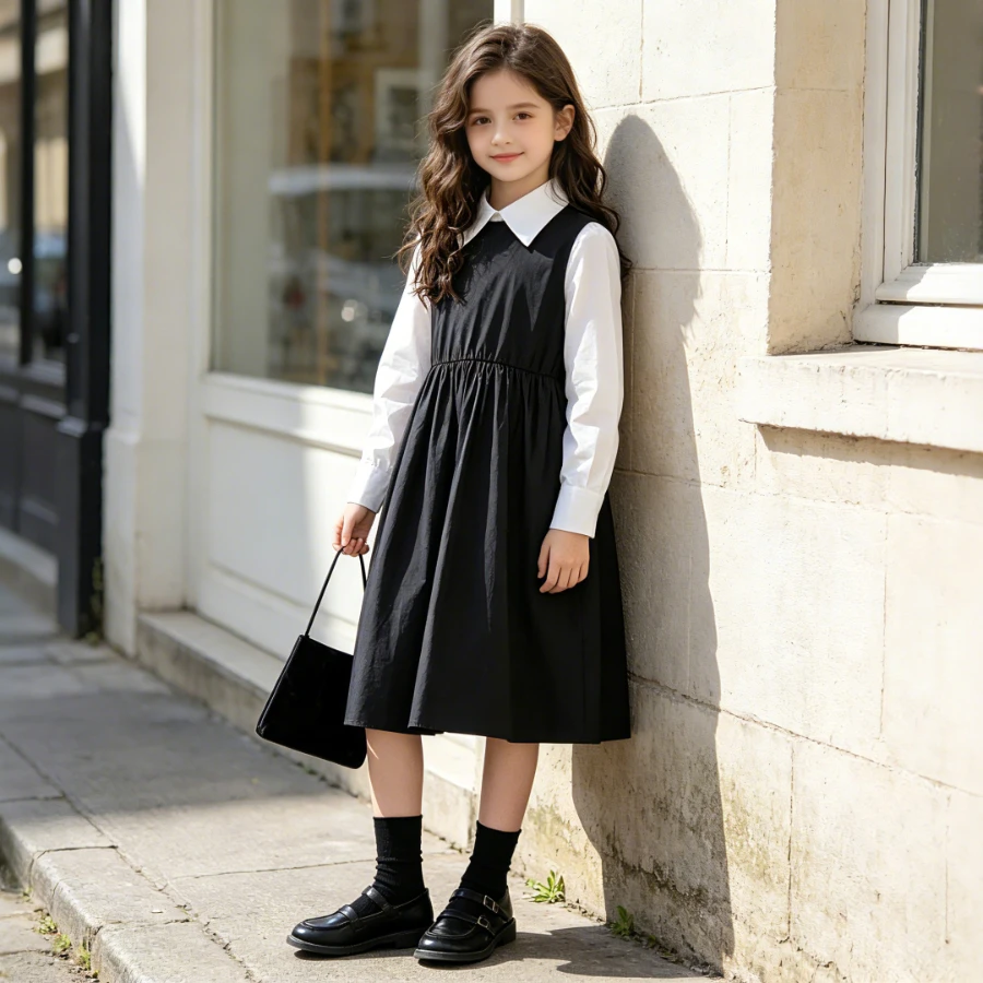 

Girls Black White Shirt Dress Long Sleeve Peter Pan Collar Fake 2-Piece A-Line Preppy Style Maxi Dress for School Daily Wear 8 Y