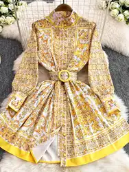 Runway 2025 Spring Long Full Sleeve Flower Short Dress Shirt Women's Summer Holiday Gold Blue Red White Porcelain Print Vestidos