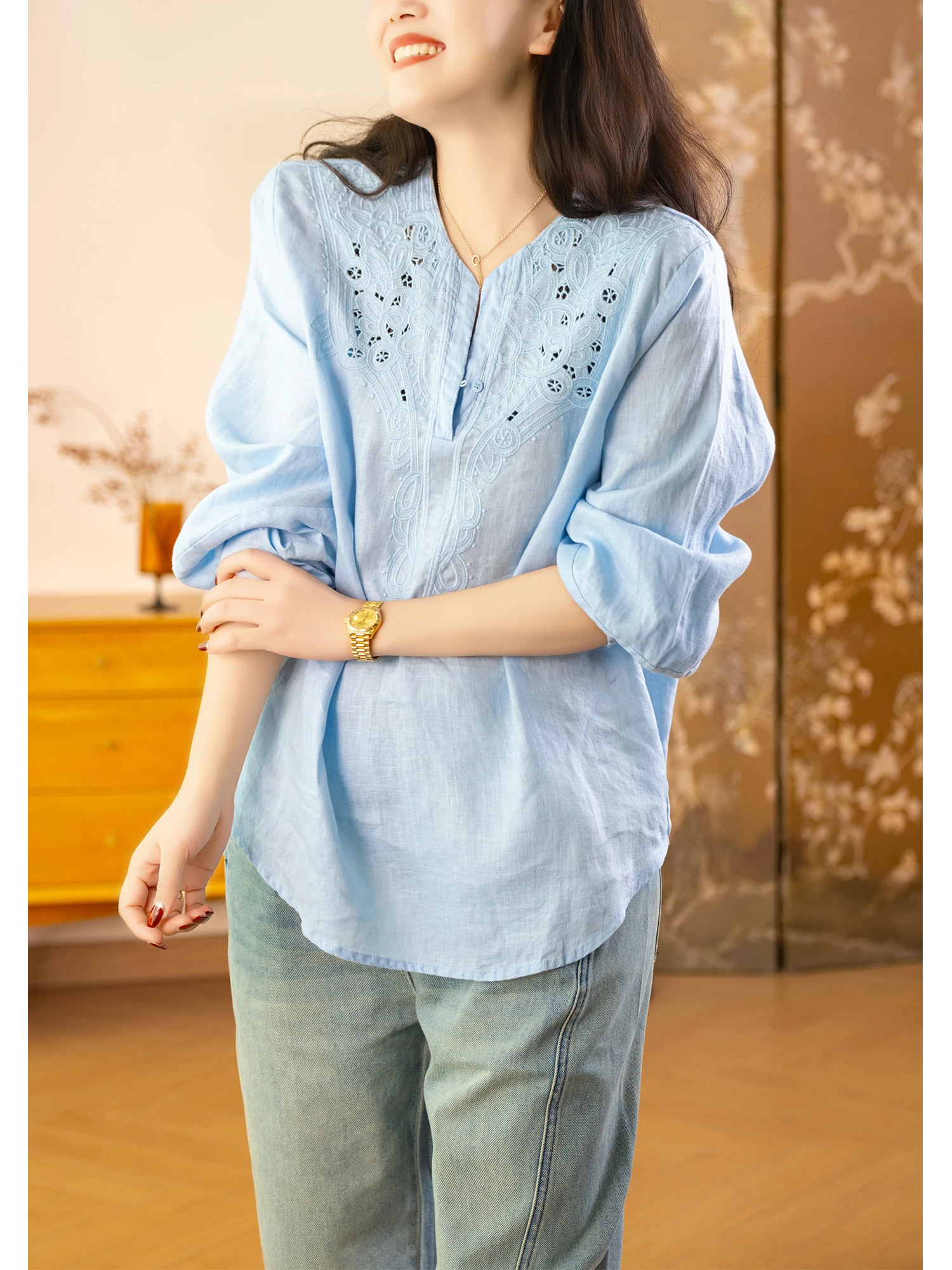 

Попробуйте! Льняная футболка с вышивкой и вырезами, свободного кроя, для повседневной носки весной