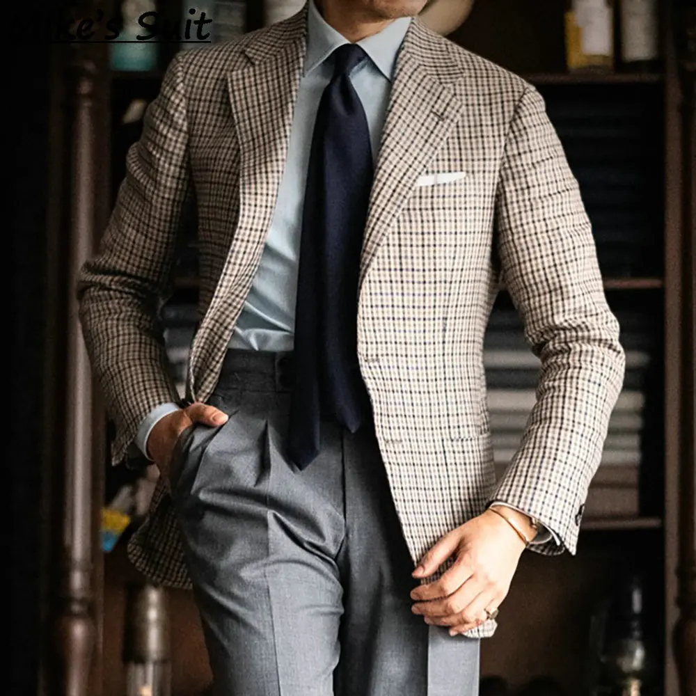 Men's Beige Check Wool Blazer British Style Wedding Party Slim Fit Business Suit Jacket Sports Coat