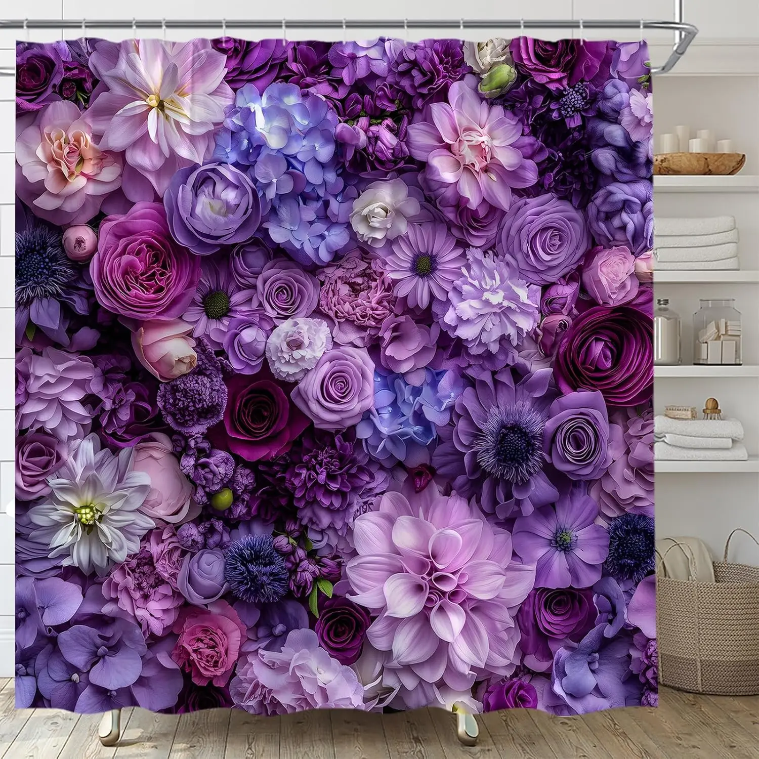 

Фиолетовая занавеска для душа с цветочным принтом, фиолетовый цветок в стиле бохо, весенний цветок, деревенская яркая роза, листья пиона, ботаническое растение, ткань для ванной комнаты