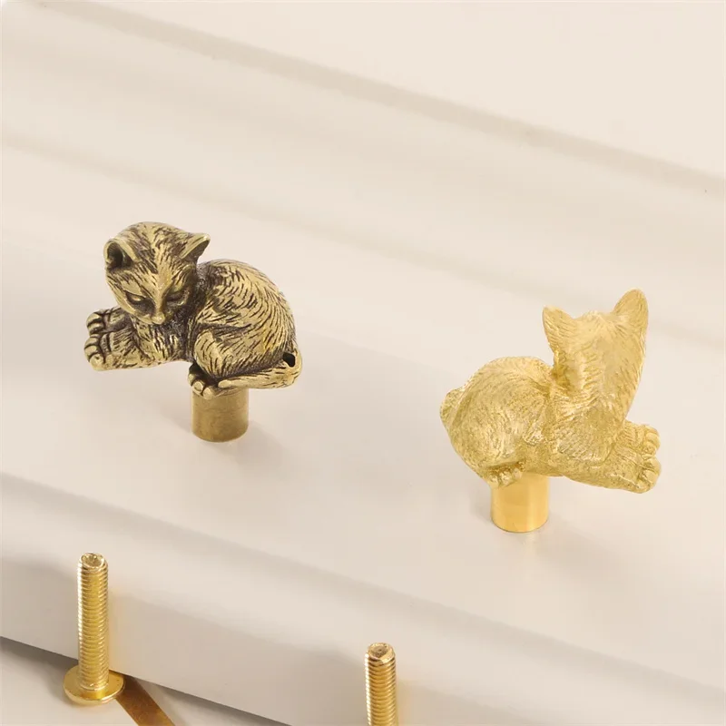 Retro Brass Furniture Handles Animals Fluffy cat Cabinet Pulls For Kitchen Wardrobe Cupboard Closet Handles Drawer Knobs Decor