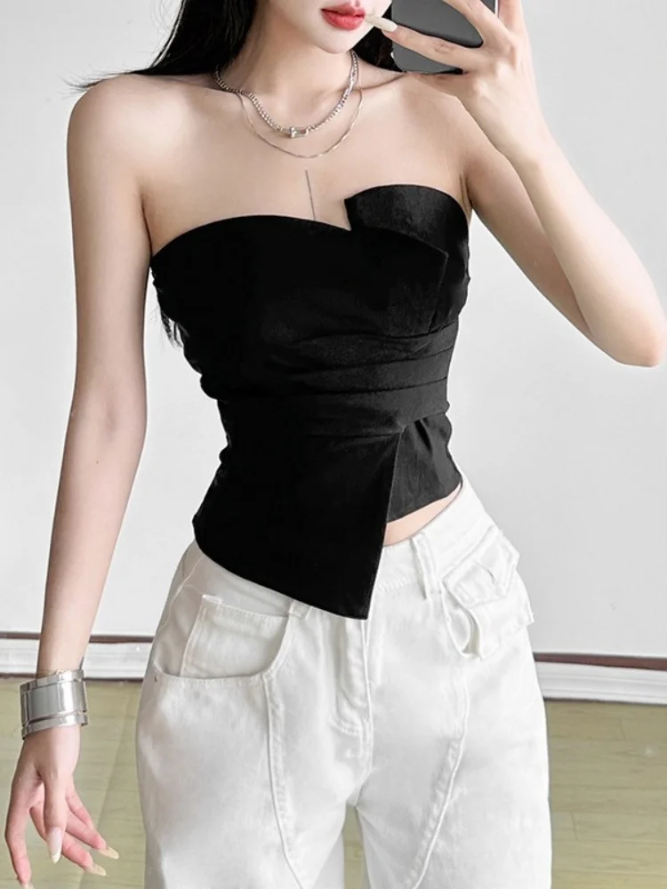 

Solid Black Y2k Tube Top For Women Strapless Bra Asymmetrical Bralette Mujer Slim Fit Bandeau Top Sexy Bustier Lenceria Femenina