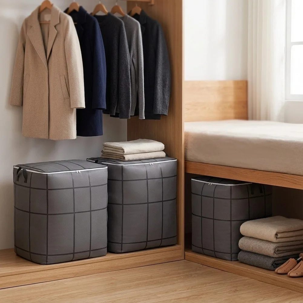 140L Spacious Organizer Bags for Clothes Bedding and Home Storage Featuring Fabric Construction and Stylish Grid Pattern