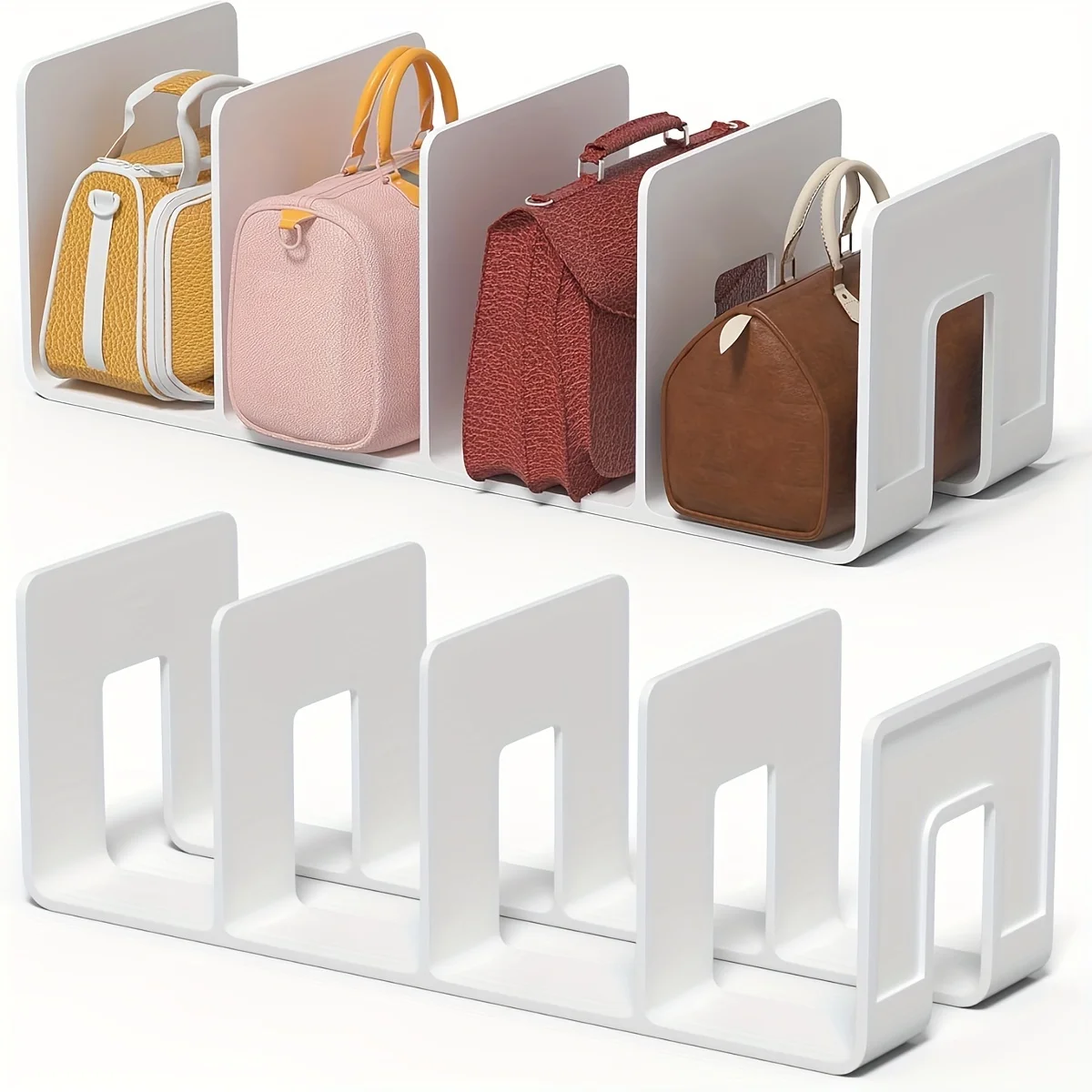 

2pcs White Acrylic 4-Compartment Organizer Stands for Handbags, Files - Freestanding Multi-Purpose Storage Rack for Closet