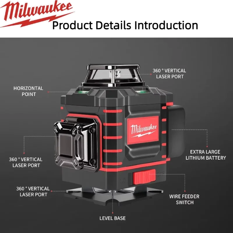 ميلووكي 4 جوانب * 360 درجة عمودي 4.2 فولت 3-4D مستوى الليزر شعاع أخضر 16 خطوط التسوية الذاتية العمودية عبر خط ليز #5