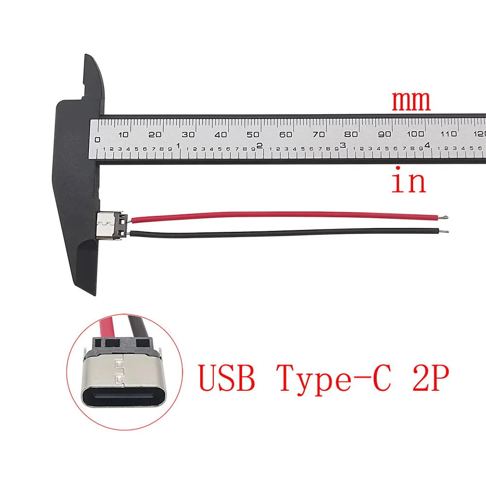 10Pcs USB Type-C 2 Pin Female Socket Welding Wire Cable Connector Type C USB Jack Charging Terminals Interface Port Adapter 10CM