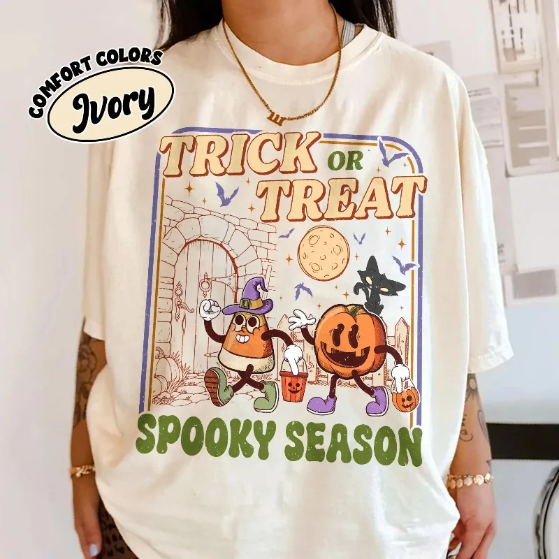 Autumn New Base Shirt Unisex T-shirt Candy Corn And Jack O Lantern Halloween Tee, Cute Retro Spooky Graphic Tshirt, Fall Gift
