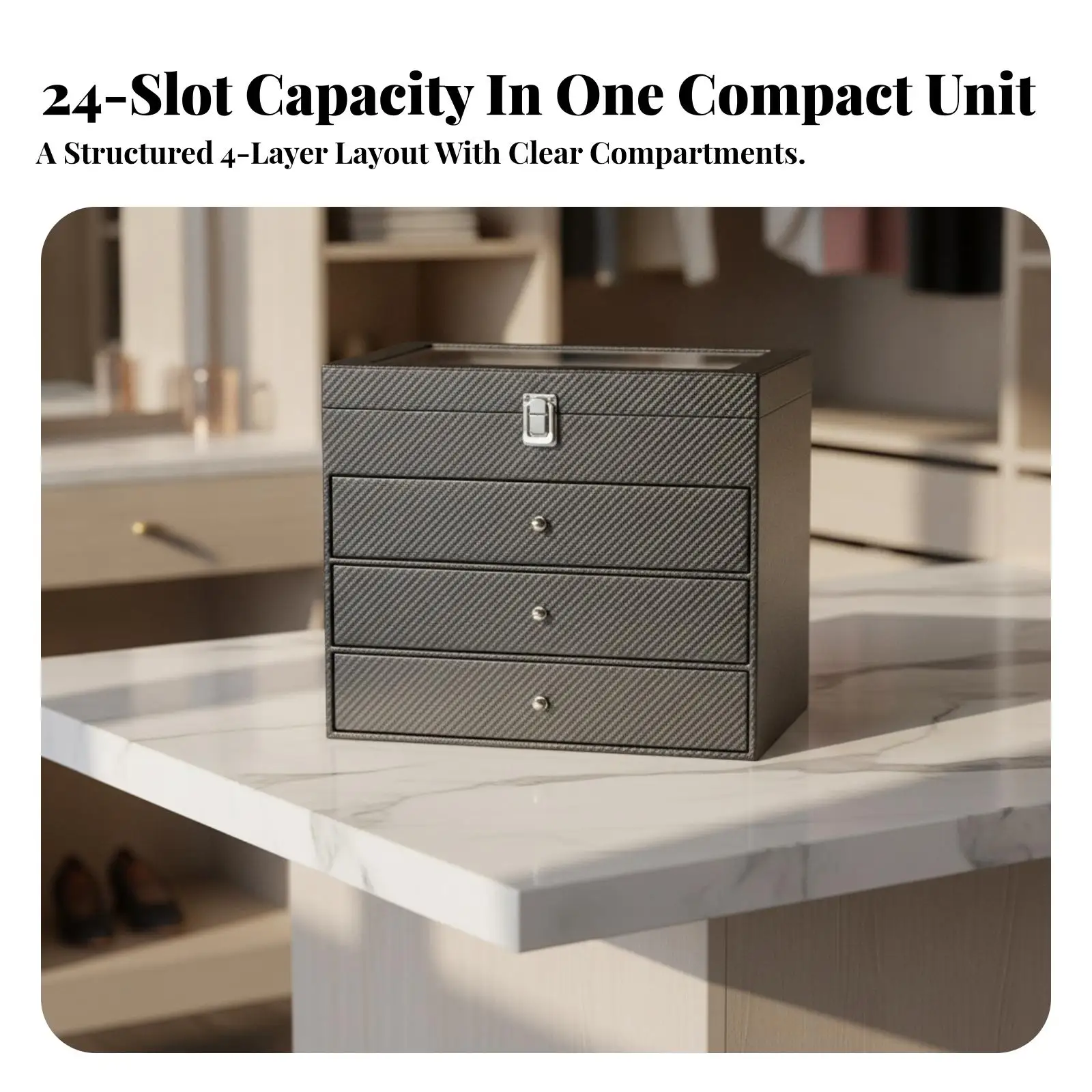 Multi Tier Eyeglass Organizer Box 24 Compartment Carbon Fiber Leather Case for Sunglasses Wardrobe Drawer Storage