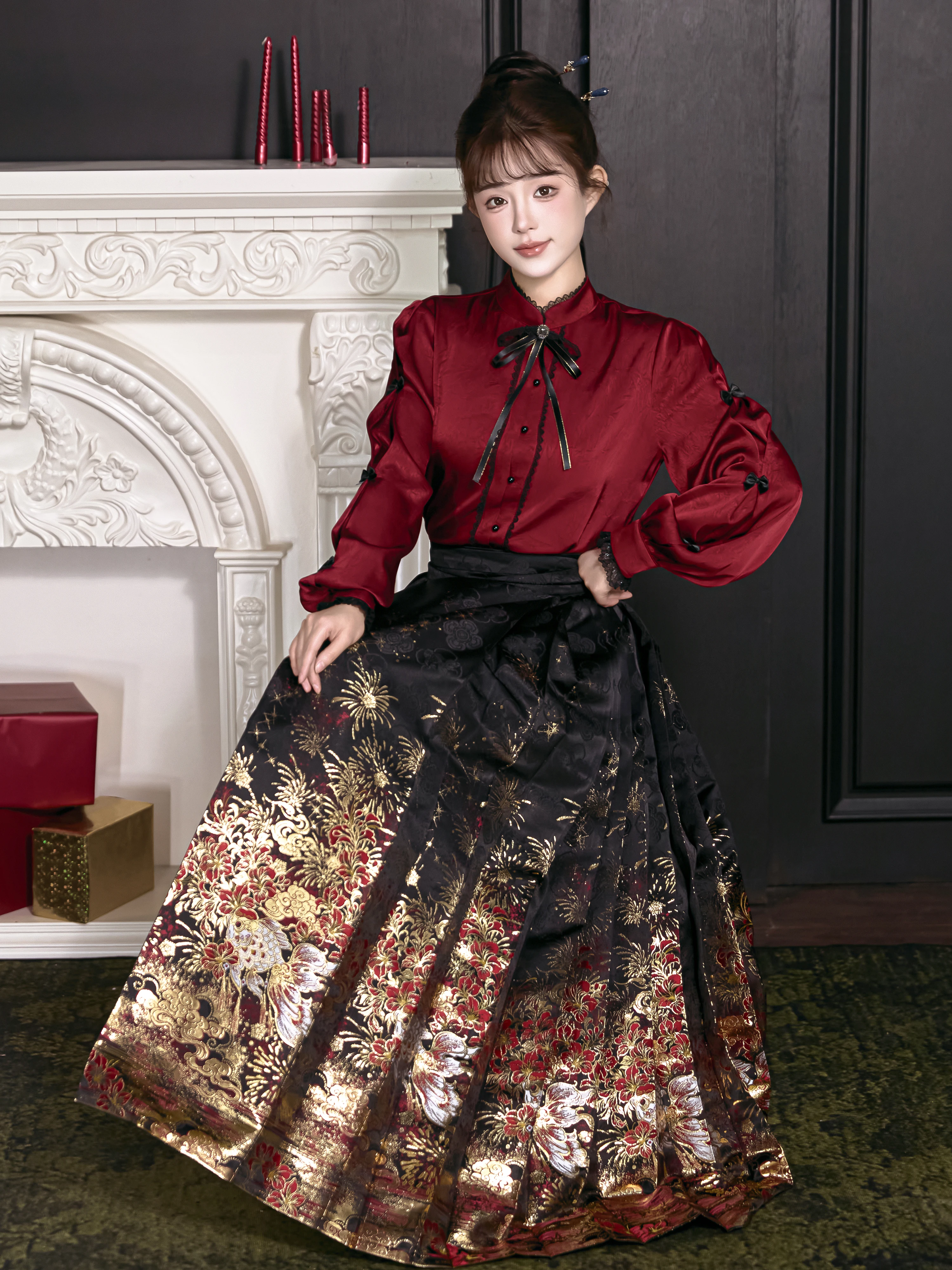 Original Hanfu Semi-skirt  Tail Skirt Double Warp Weave Lantern Flower Night Banquet Set New Arrival 2026 Polyester Fiber