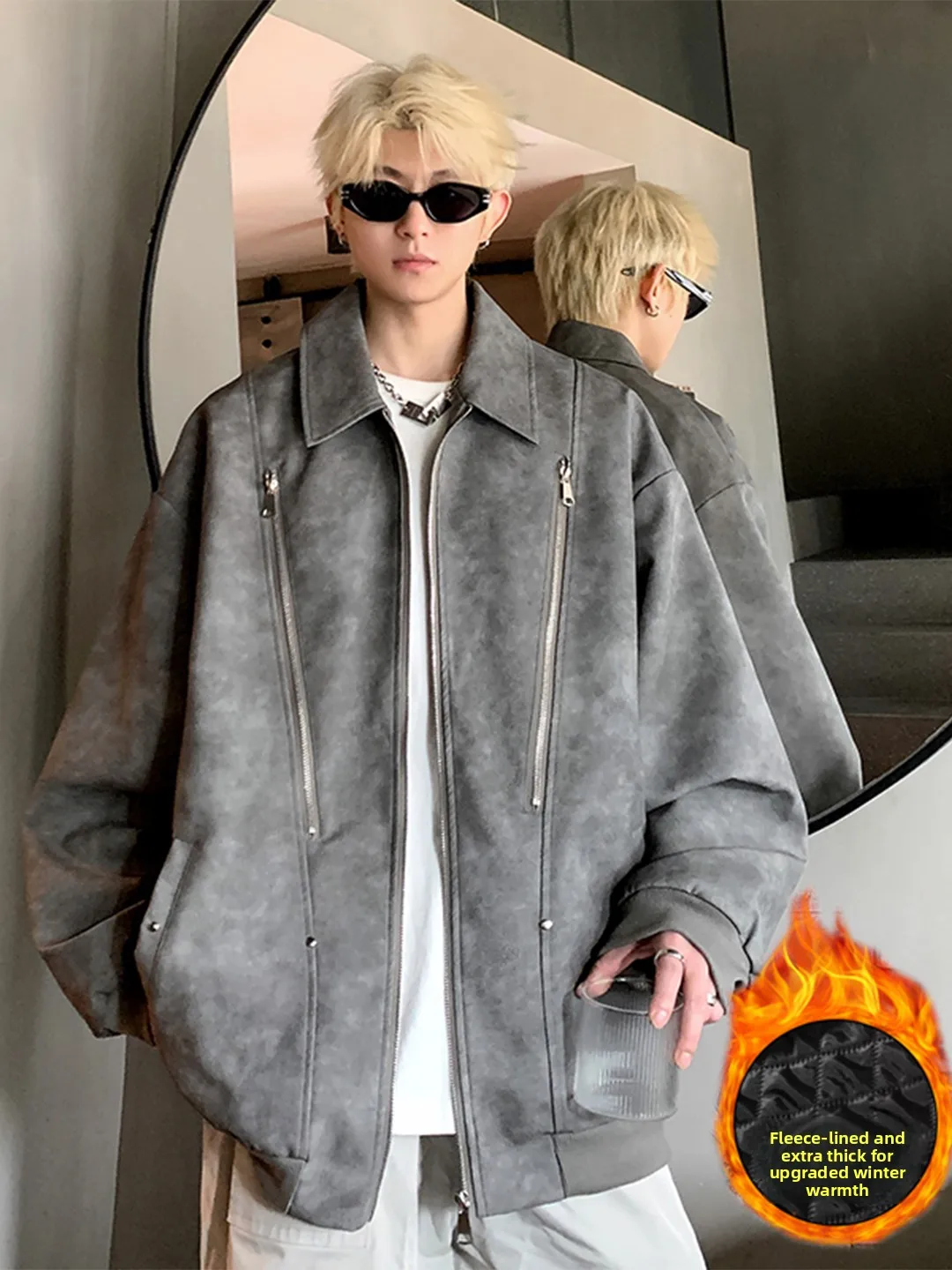 

Матовая мужская куртка из искусственной кожи, водонепроницаемая осенне-зимняя повседневная одежда на молнии, украшенная рабочей одеждой, модная куртка