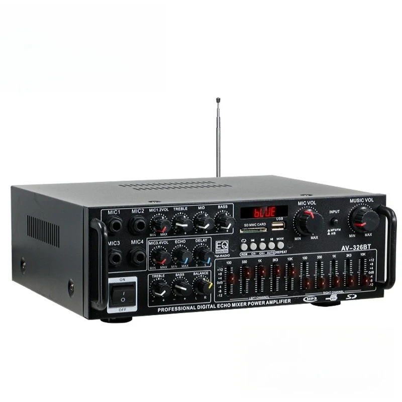 12V/220V Dual Use High Power Bluetooth Power Amplifier EQ Equalizer Audio Amp for Car Home Outdoor Karaoke System