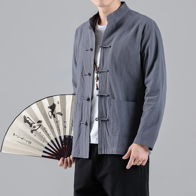Chinese Style Linen Stand Collar Frog Button Long Sleeve Shirt Men's Plus Size Vintage Casual Top