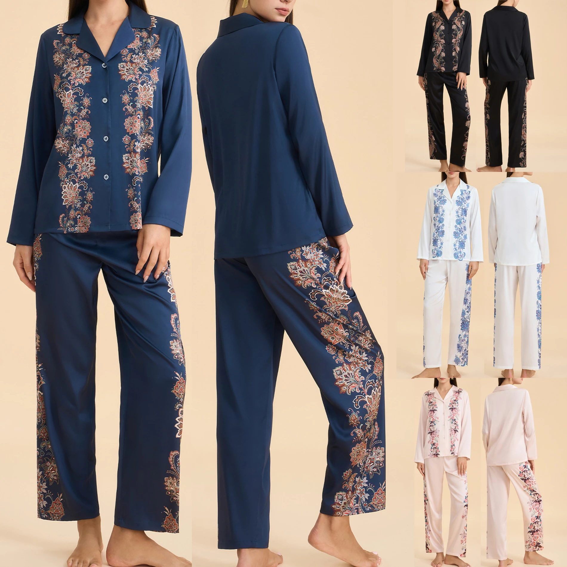 

New Female Pajamas Sleepwear Floral Print Long Sleeve Cardigan Trouser Pijamas Suit Luxury Silky Satin Homewear Loose Loungewear
