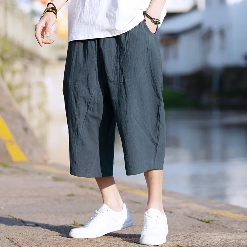 Cropped Pants Men's Summer Thin Loose Cotton and Linen Pants Chinese Style Breathable Pants