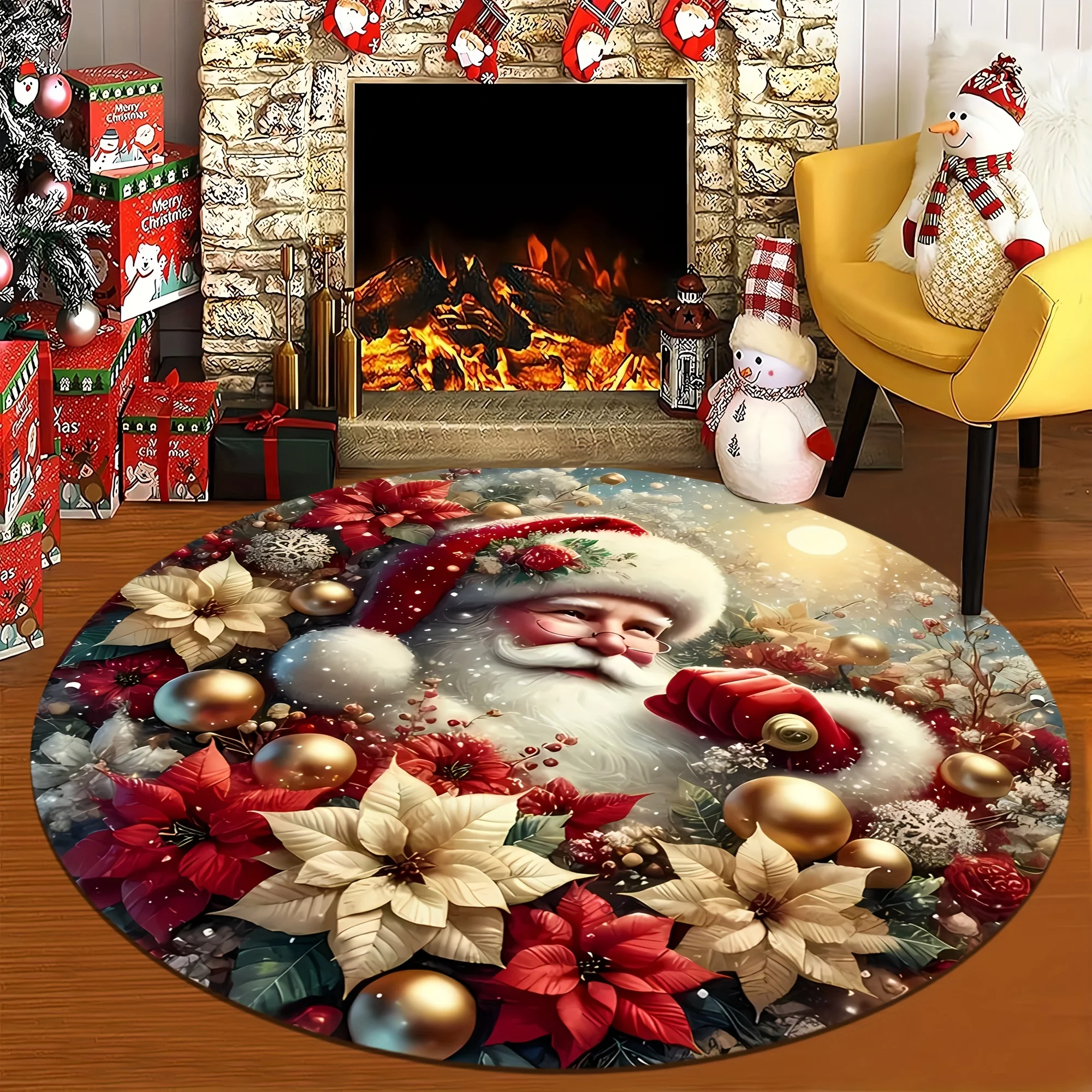 Christmas Round Floor Mat Santa Claus Wreath Print Doormat Festive Pattern Rug Home Decor For Bedroom Xmas Holiday Decoration