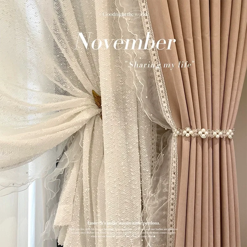 

French Vintage Dirty Pink Cream Velvet Curtains Living Room Bedroom Lace Blackout Chenier