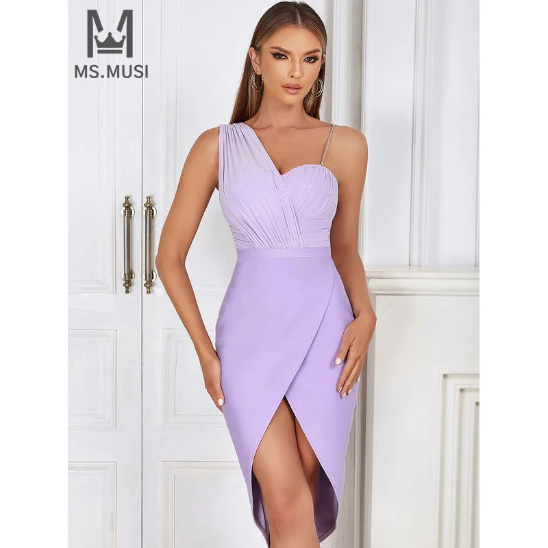 

MSMUSI 2024 New Fashion Women Sexy Strap One Shoulder Draped Fold Sleeveless Bandage Bodycon Party Club Event Slim Midi Dress