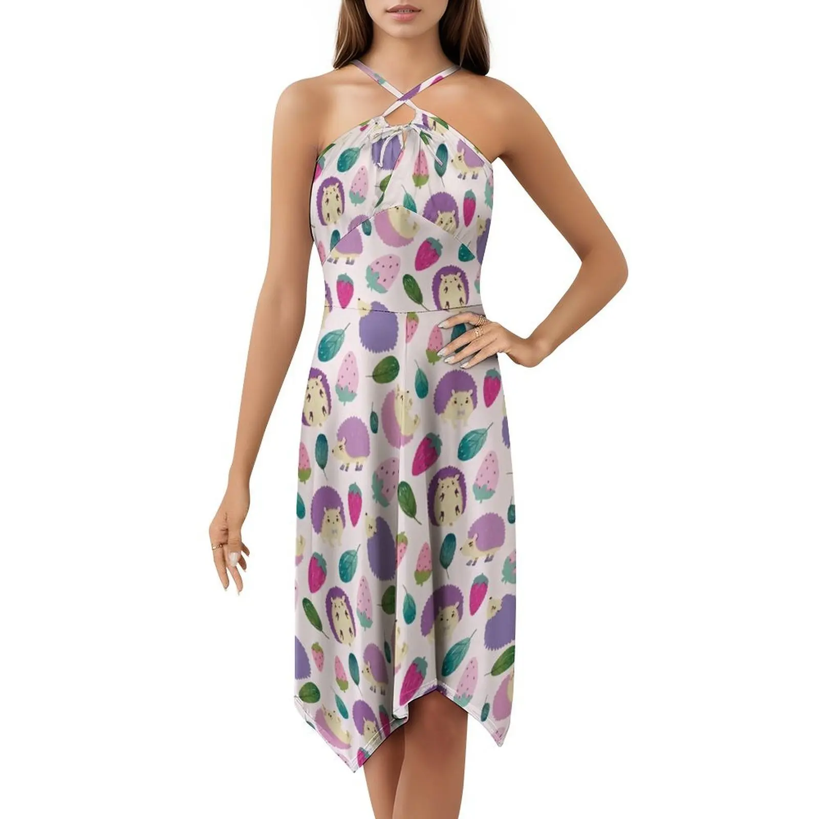 Hedgehogs-Cute Purple And Pink Cartoon Animal Pattern Korean Style Casual Dress For Women Simple Daily Office Lady Dresses