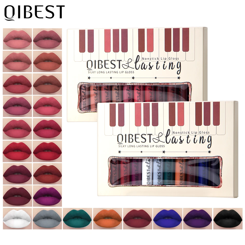 QIBEST 12pcs/set Waterproof Lip Gloss Long Lasting Velvet Nude Red Matte Liquid Lipstick Tint Makeup Cosmetic Lipsticks Lipgloss