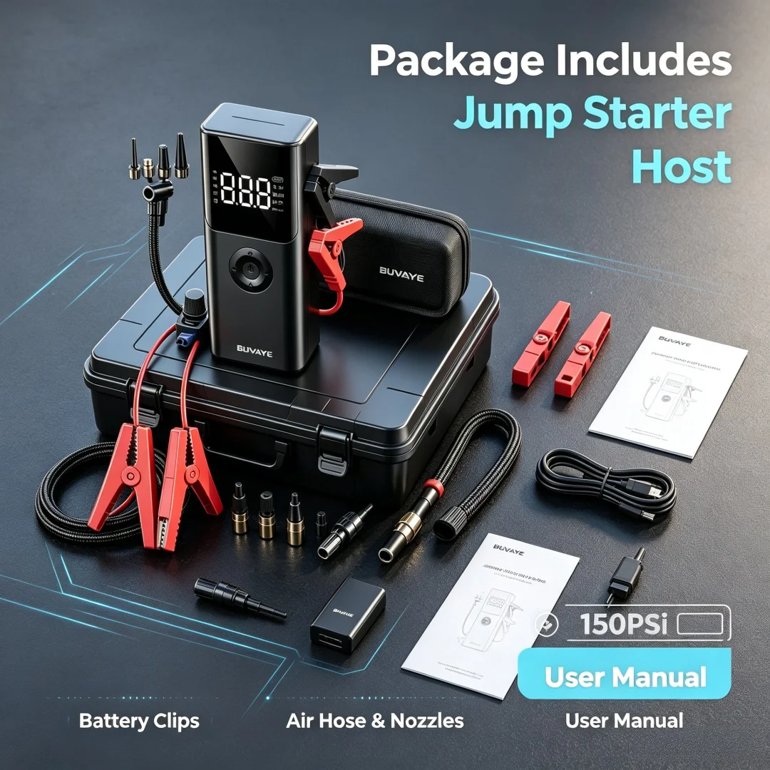 4 In 1 2500A Portable Jump Starter Power Bank 150PSI Air Pump Booster Car Battery 12V Car Battery Starter Powerbank