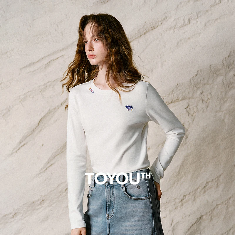TOYOUTH Women T Shirt 2026 Winter New Cropped Embroidered Slim Fit Sheep Embroidery Crew Neck Basic Tops