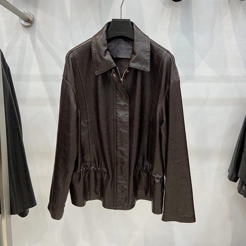 Women's Classic Real Sheepskin Leather Female Genuine Leather Black Slim Suit Jacket Coat