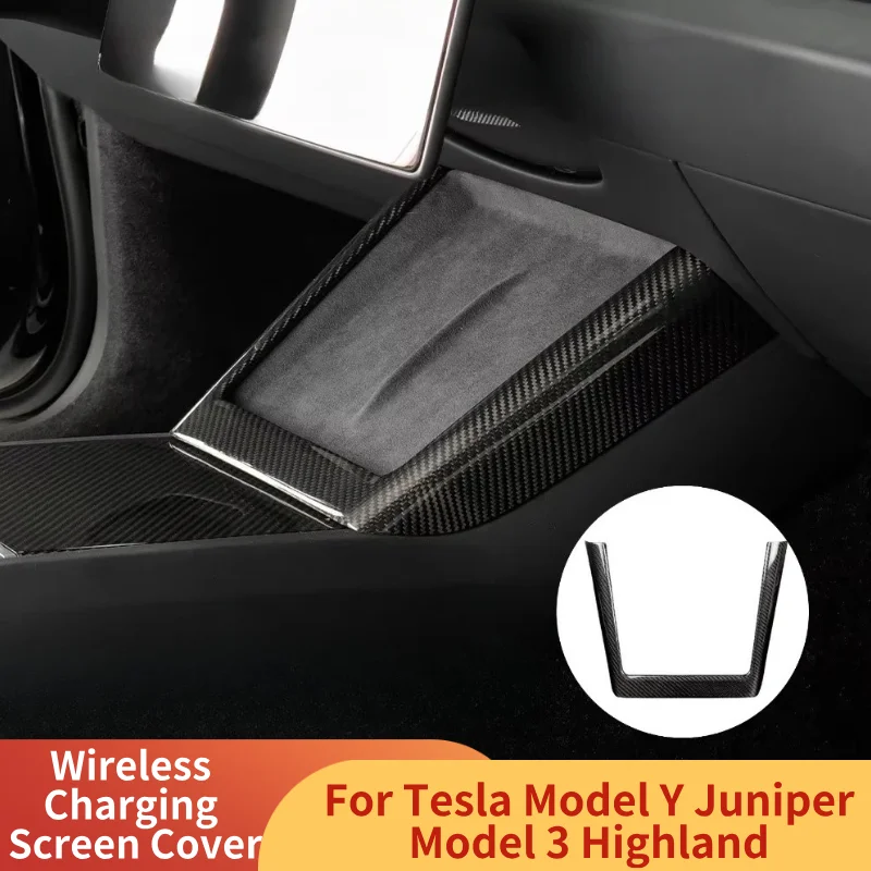 Cadre latéral de contrôle central en Fiber de carbone 100% véritable, pour Tesla modèle Y Juniper/Modèle 3 Highland, couverture d'écran de chargement sans fil, décor