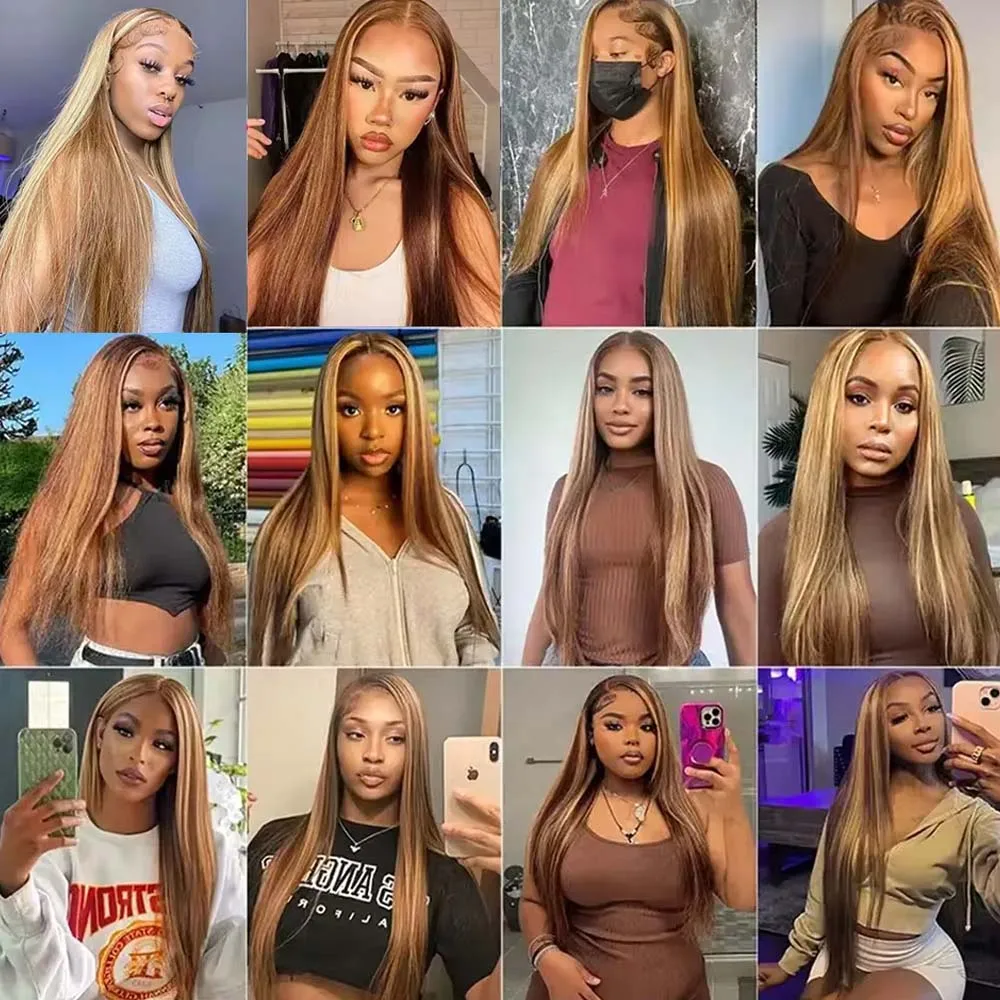 Brazilian Human Hair Bone Straight Colored Wig - 13x4 Lace Frontal 30 Inch P4/27 Ombre Brown Highlight Honey Blonde Wig