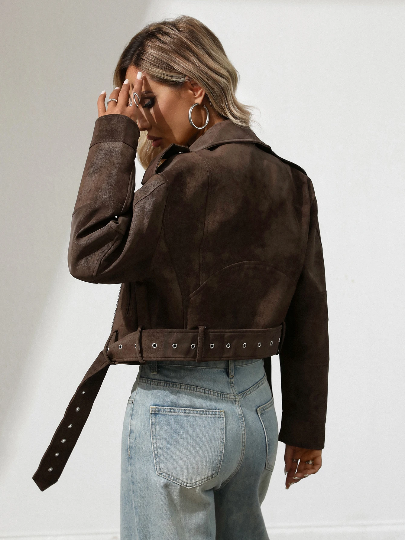 Jaqueta feminina recortada de couro de camurça sintética Vegan Motor Biker Coat Bomber Causal Outwear com cinto