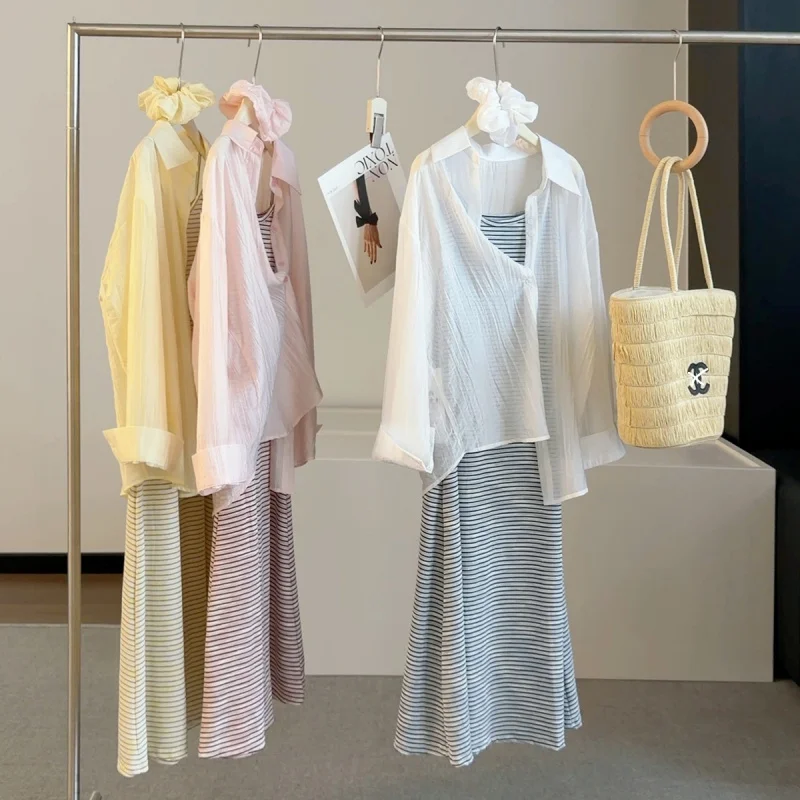Pink long-sleeved sun protection shirt and striped tank top dress set for women, summer fashion, age-reducing, slimming, and fig