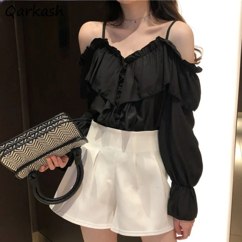 Women Shirt V-neck Flare Sleeve Ruched Ruffle Loose Fit Off-shoulder Sweet Sexy Girls Solid Korean Fashion All-match Spring Tops