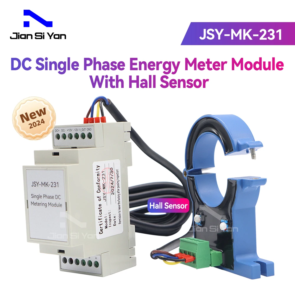 JSY-MK-231 Jednofazowy moduł licznika energii prądu stałego 2P Rozmiar 35 mm Din Rail Pomiar energii z czujnikiem Halla 100A