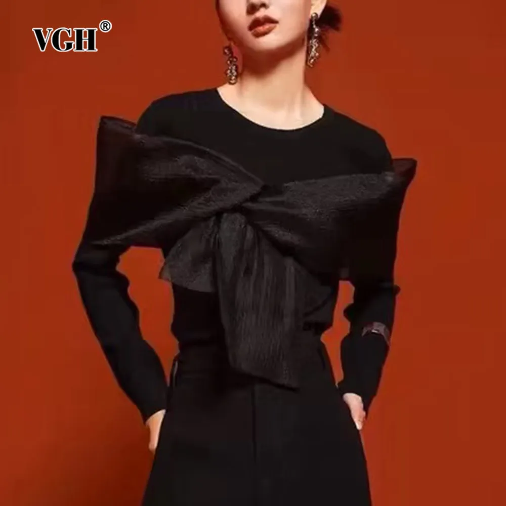 Vgh Patchwork Strik Effen Casual T-Shirts Voor Dames Met Ronde Hals En Lange Mouwen Temperament Trui T-Shirt Dames Mode Stijl