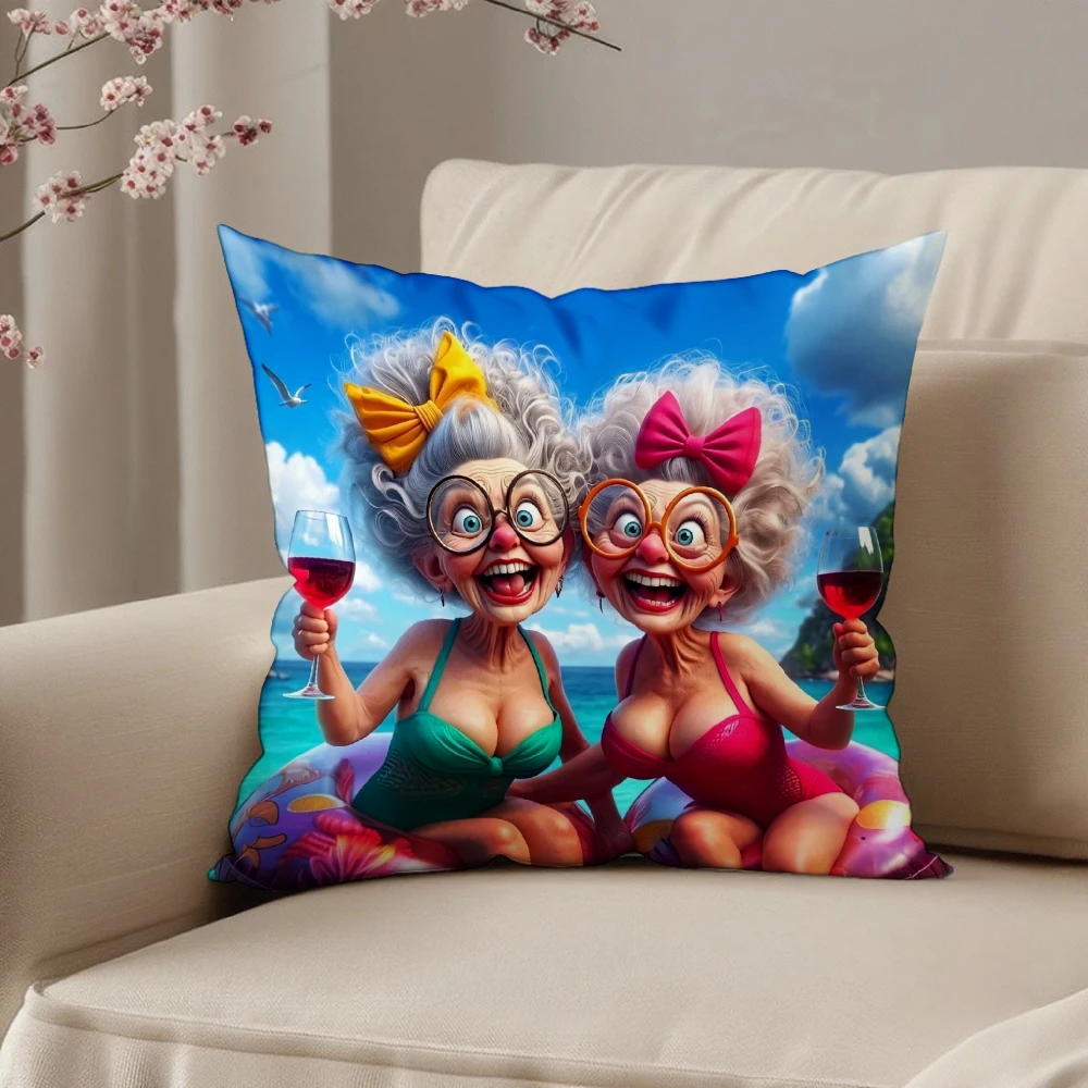 Square Throw Pillow Case Blue Sky Background Funny Elderly Women In Bikinis Holding Wine Glasses Cartoon Print For Living Room S