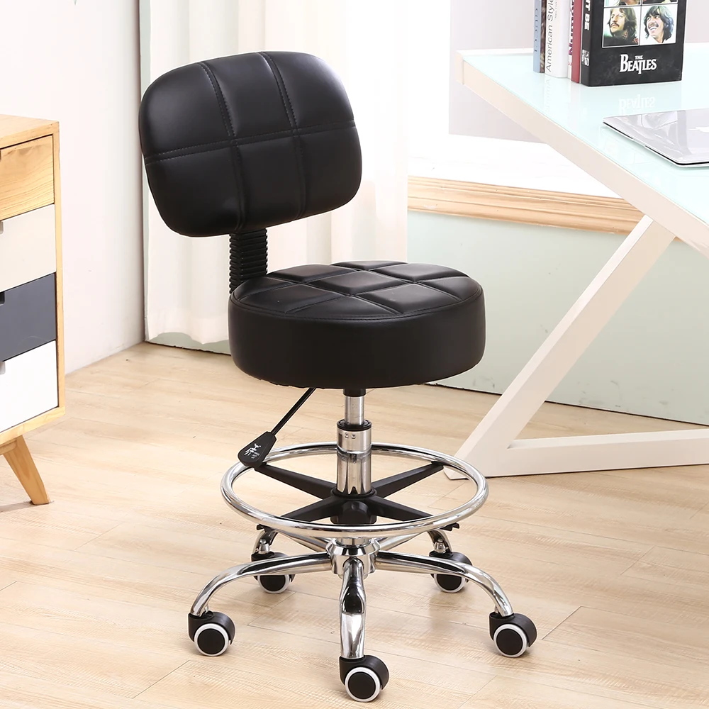 KKTONER Swivel Round Rolling Stool PU Leather with Adjustable Foot Rest Height Adjustable Task Work Drafting Chair with Back