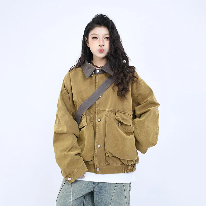 MWJLPWQ Spring Autumn New American Retro Heavy-Duty Distressed Work Jacket For Men And Women Loose Large Pocket Design Top 16630