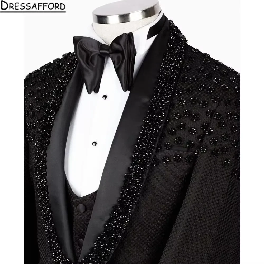 Black Men's Suits Fashion 2 Pieces Sets Groom Prom Blazers Pearls Crystal Decoration Tuxedos Men