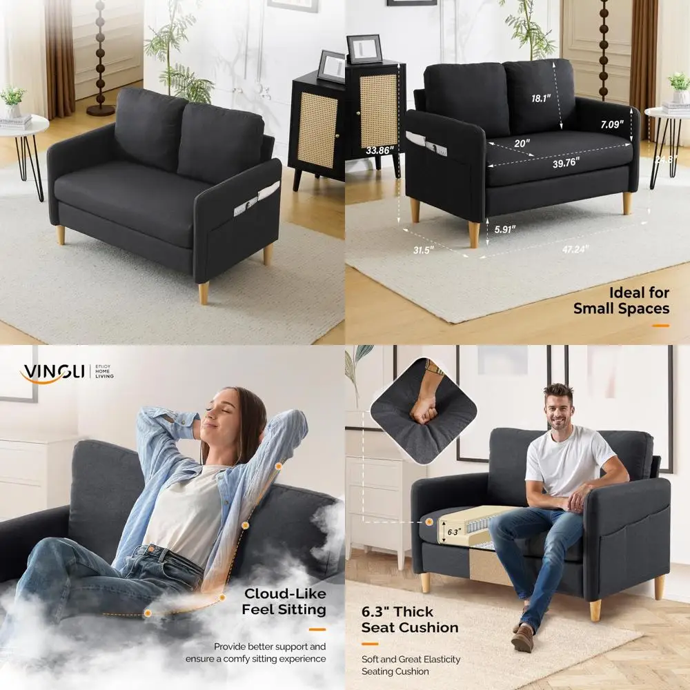 

mid century modern loveseat sofa in black linen for small spaces, ideal for living room and bedroom decor