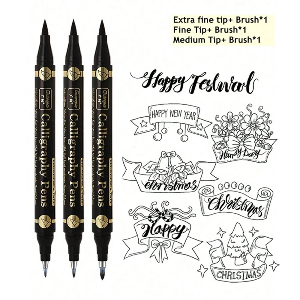 3Pcs/Set Dual Tip Multifunction Calligraphy Brush Pen, Black Ink,for Writing, Drawing, Sketching School Art Stationery Supplies