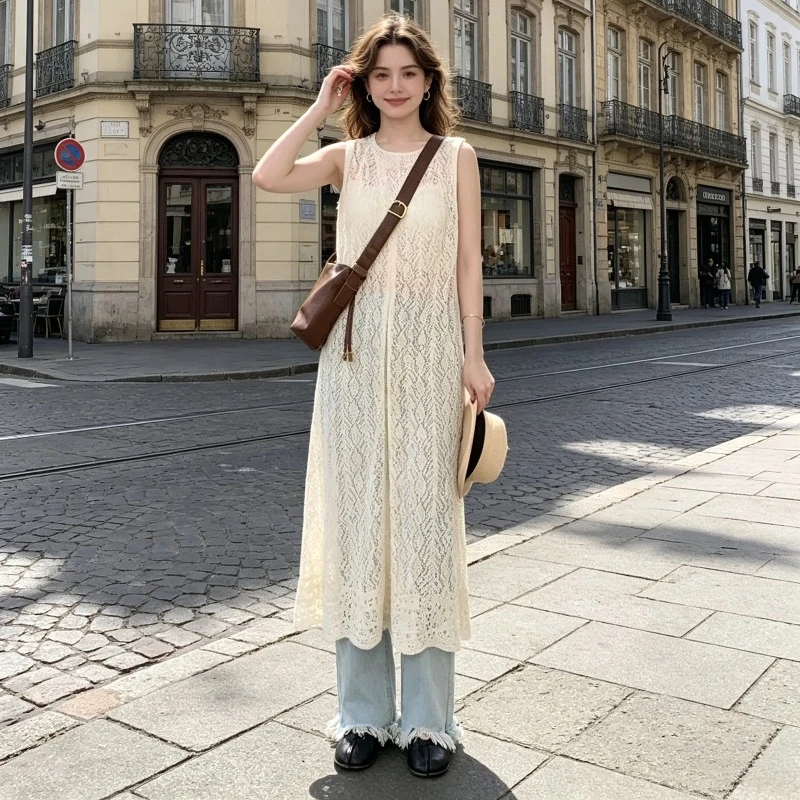 New Fashion Elegant Hollowed Out Sun Protection Knitted Cardigan Vest Summer Solid Color Blouse Women's Sleeveless Long Smock