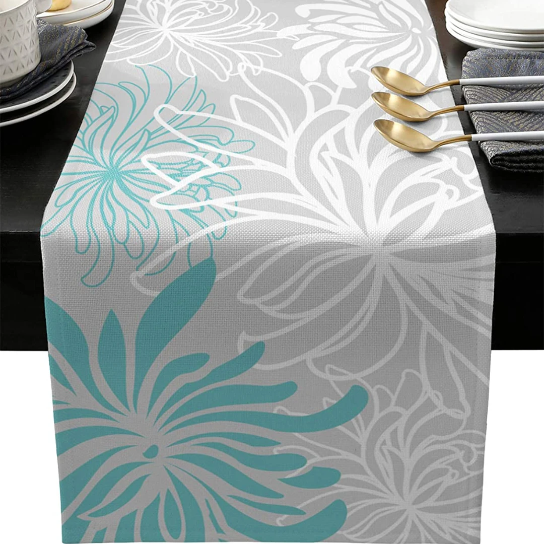 Aqua Chrysanthemum Flowers Linen Table Runner Wedding Party Decoration Summer Floral Grey   for Kitchen  Decor