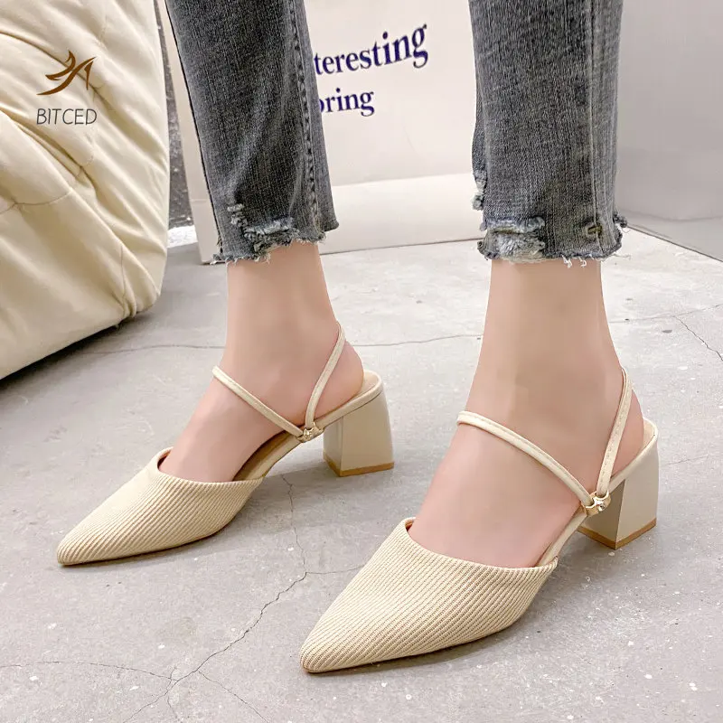 Women Mules Shoes 2023 Summer New Pointed Toe Chunky Heels Ladies Slippers Fashion Plus Size Dress Party Mid Heel Shoes Women