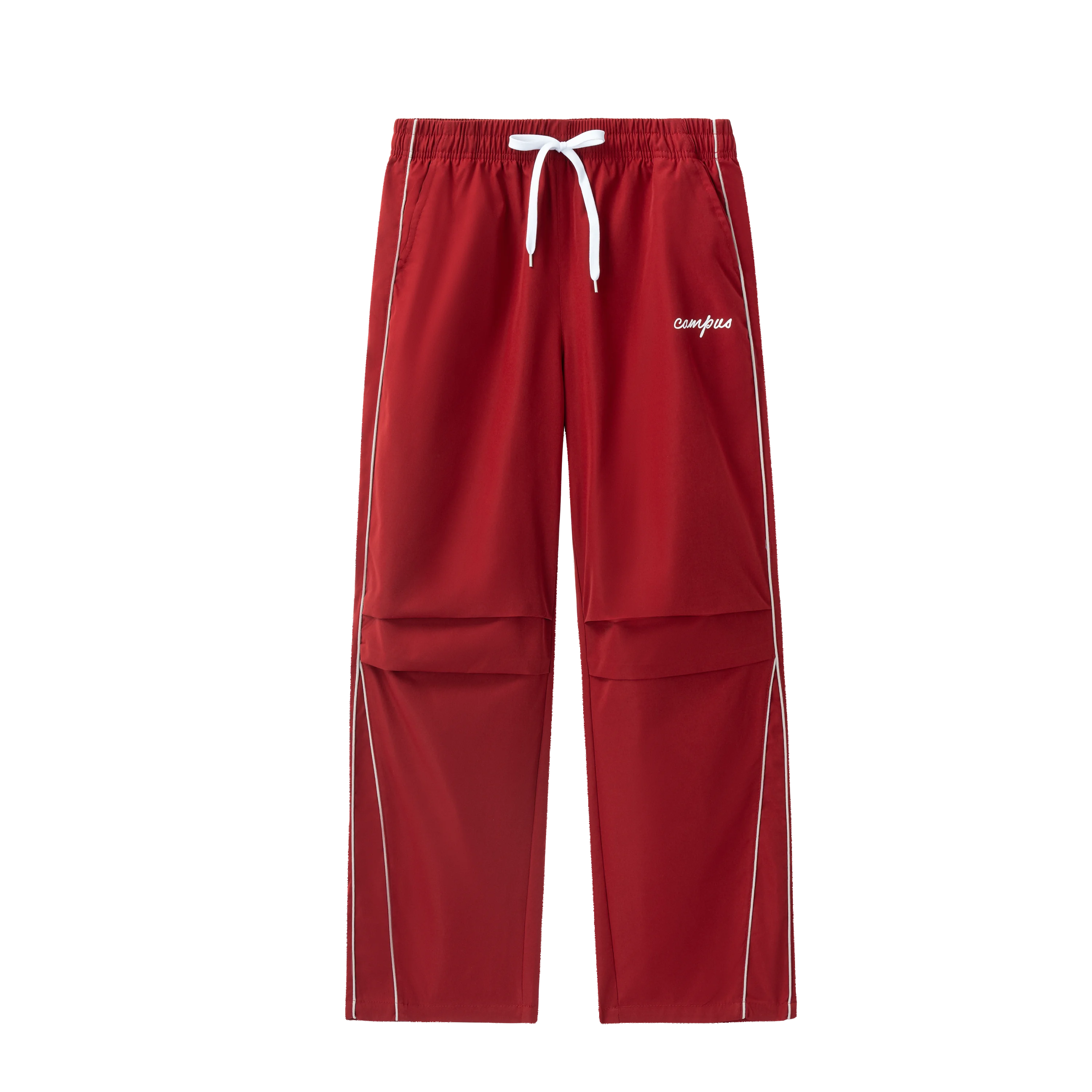 

Men’s Red Campus Style Casual Pants, Loose Straight-Leg Trousers with Side Stripe, Drawstring Waist Sporty Streetwear Pants