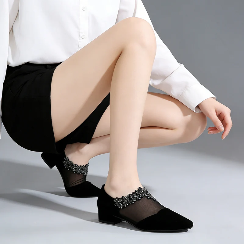 2026 Summer Women's Pointed Toe Low Heel Sandals Black Mesh Rhinestone Fashion Office Ladies Dress Shoes Plus Size 42 D831
