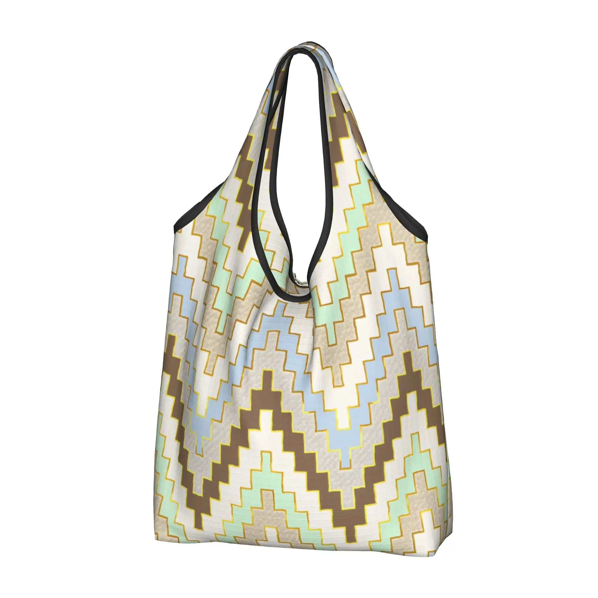 Custom Geometric Zig Zag Luxe Chevron  Shopping Bags Women Portable Big Capacity Groceries Blue And Mint Shopper Tote Bags