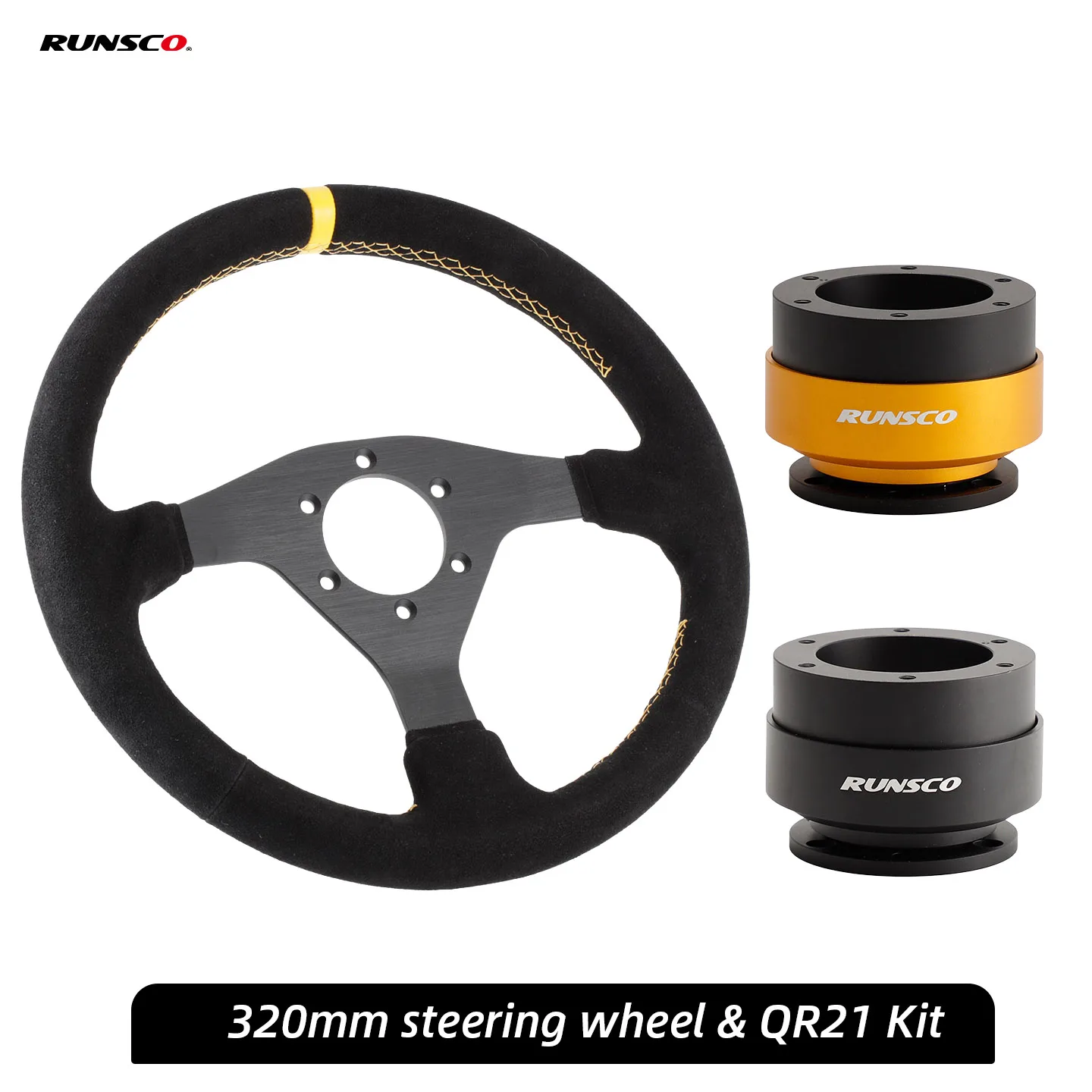 320mm Flat Suede Steering Wheel Rims & QR21 Kit for PC Sim Racing Drift Game Controller Runsco