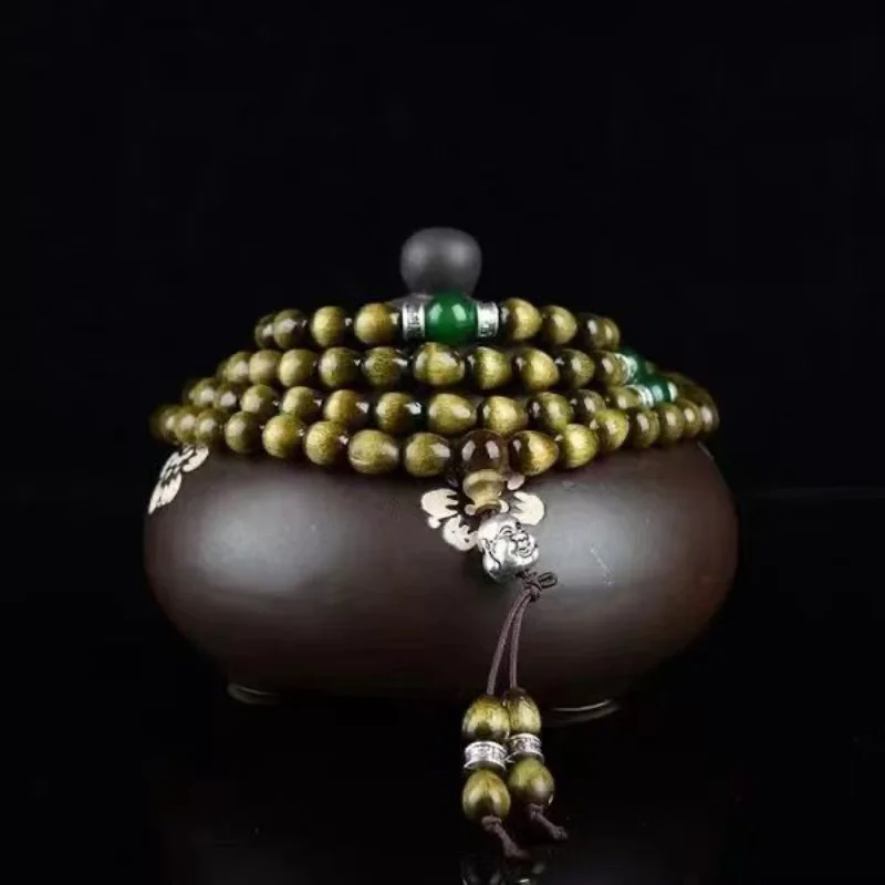 Gold-rimmed Nanmu Water Drop Beads Buddha Beaded Chanting Bracelet Green Material 0.8 108pcs Men and Women Couples Hand String